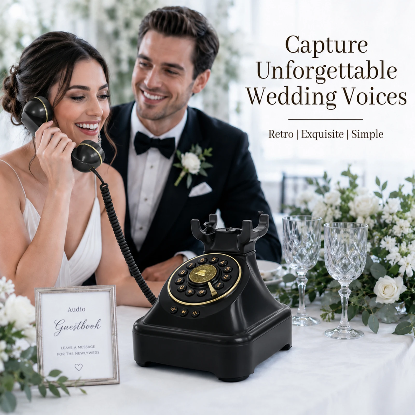 Telefono con Registratore di Messaggi Vocali Vintage per Matrimoni, Compleanni, Feste, Addio al Nubilato, Salvataggio Automatico dei Ricordi