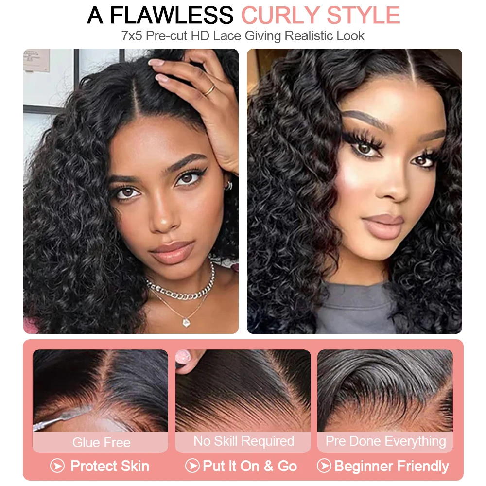 13x6 kort krullend bob diep watergolf kant frontale pruiken 7x5 lijmloze pruik 100% menselijk haar pruik 250% dichtheid 12 14 inch voor vrouwen