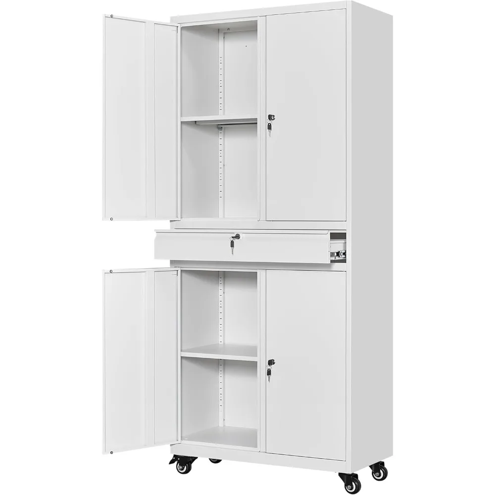 Storage Cabinet with Locking Doors and Adjustable Shelves, Rolling Tool Storage Cabinet with 4 Wheels and 1 Drawer - 73