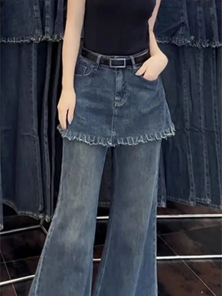 American style spicy girl fake two-piece design high-end denim micro flared pants autumn new versatile high waisted pants