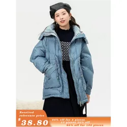 Winter new fashion cobalt blue hooded waist slim length down jacket female