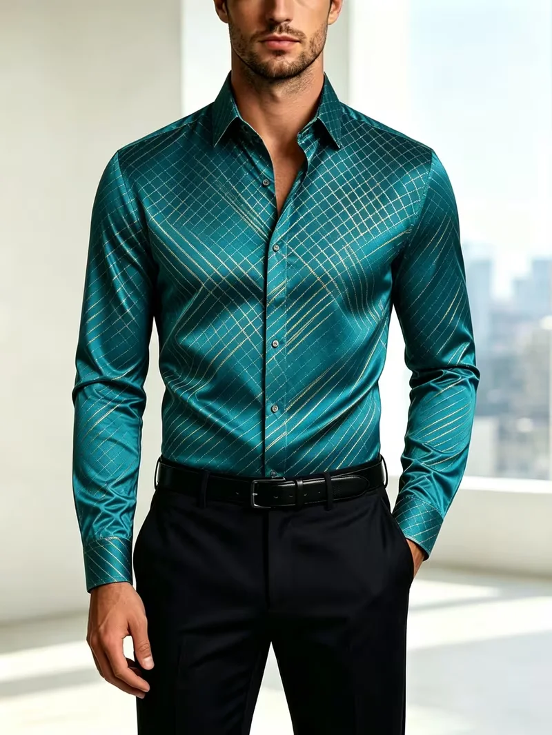 New men's beige long sleeved shirt with green gold floral 3D printed collar and slim fit single shirt