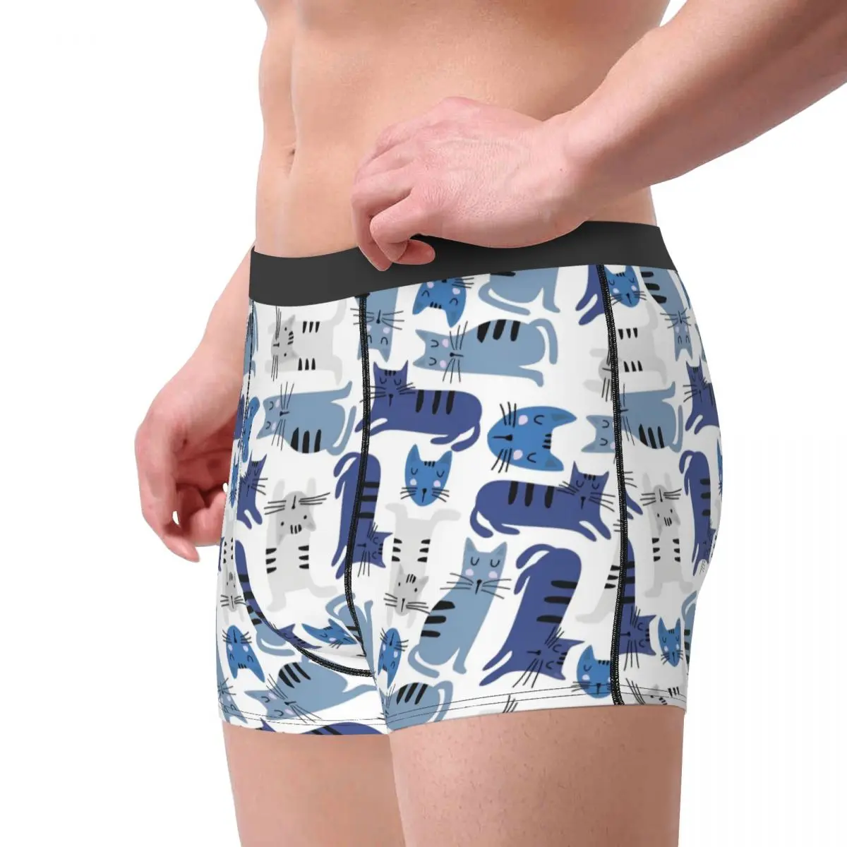 Lovely Animal Cute Blue White Cat Men Underwear Cartoon Boxer Briefs Shorts Panties Sexy Soft Underpants for Male S-XXL