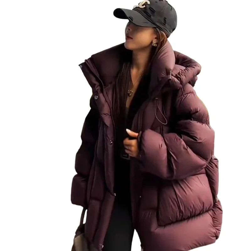 Moda estilo coreano puff jaqueta, inverno meados de longo com capuz solto pato branco para baixo jaqueta quente, 2024 novo modelo