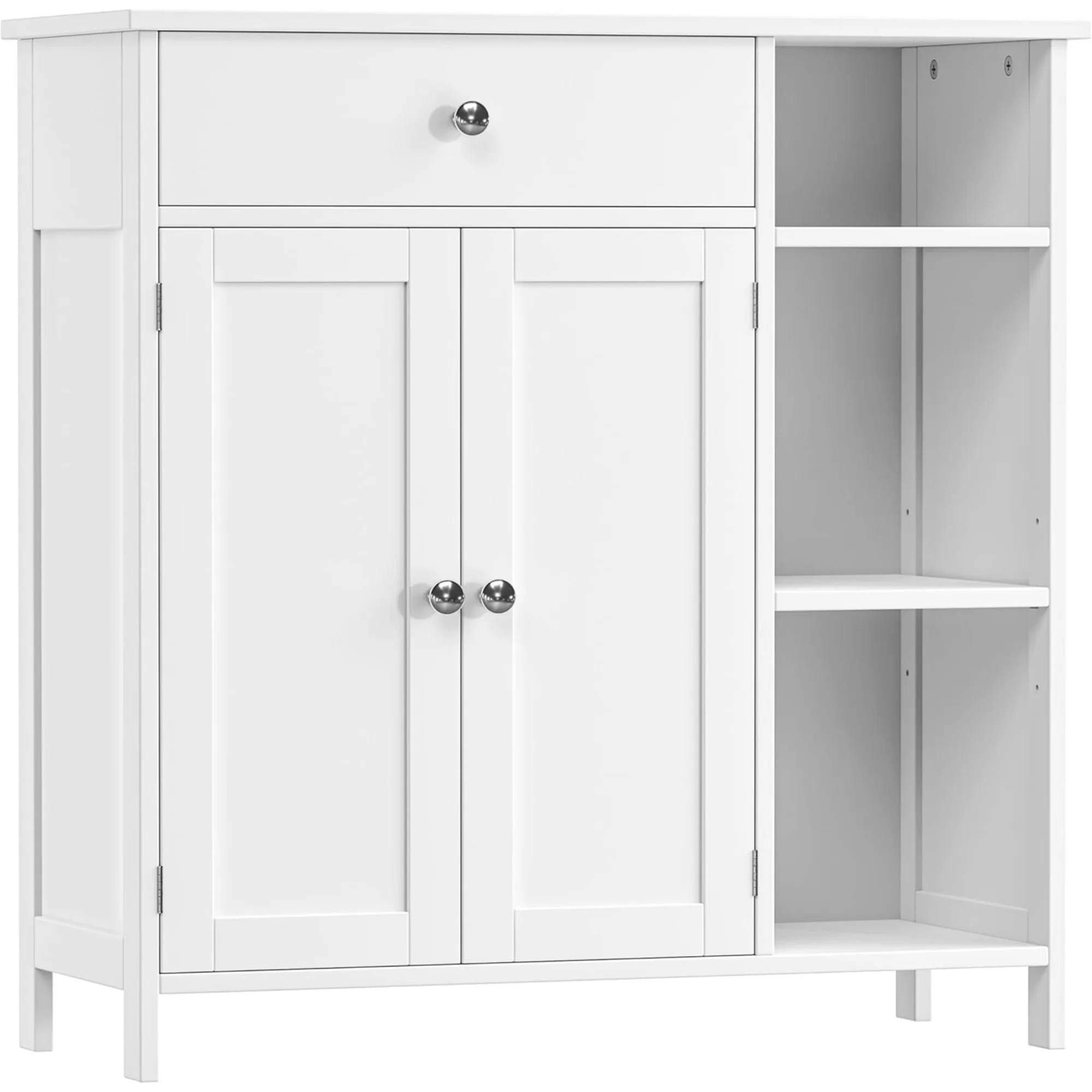 White Cabinet with Large Drawer, Floor Bathroom Storage Cabinet with Doors & Adjustable Shelves, Modern Storage Cupboard with 3 Open Space for Living Room, Entryway, Dining Room