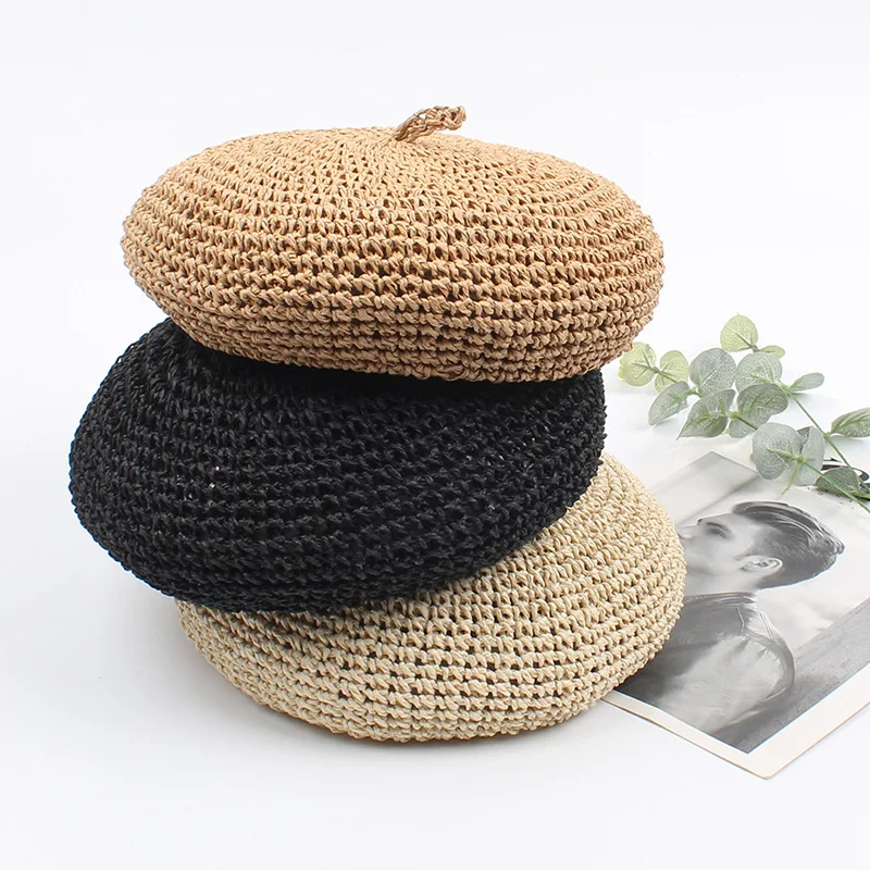New fashion berets adjustable straw beret women straw hat Ladies Flat Solid Cap French Style Hand Hook Papyrus Beret Hat