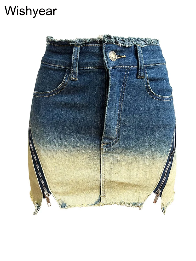 Vintage Harajuku Gradient Mini Skirts Women Stretch Denim Zipper  Streetwear Female Night Club Party Summer Birthday Jean Dress