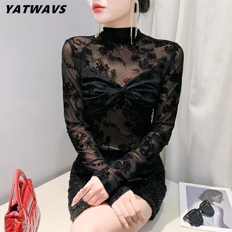 Vintage nova flor reunindo malha t-shirts mulheres sexy perspectiva manga longa topos camisas chique feminino magro elástico camisetas blusas