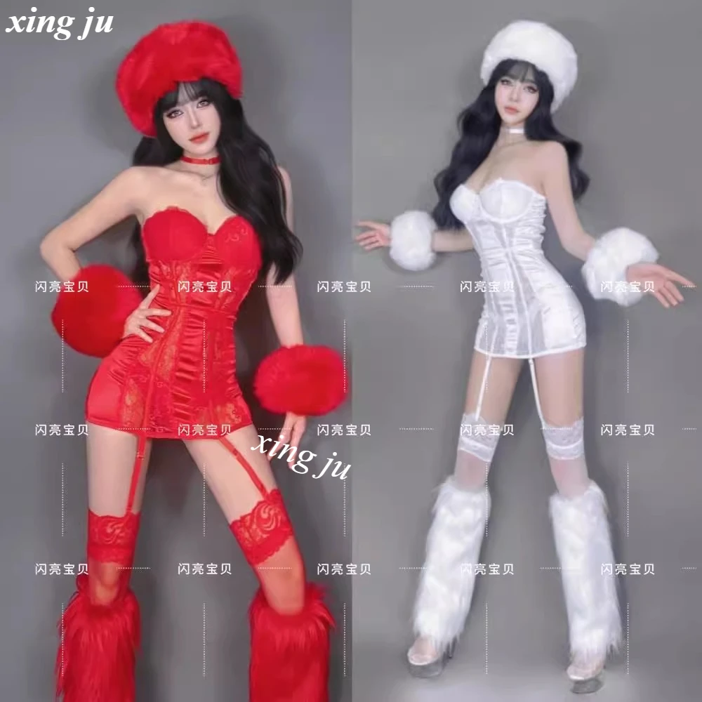 Nightclub Hot Girl Performance Costume Pole Dance Red Clothing Female Singer DJ Stage Dancer Sexy White Strapless Short Dress