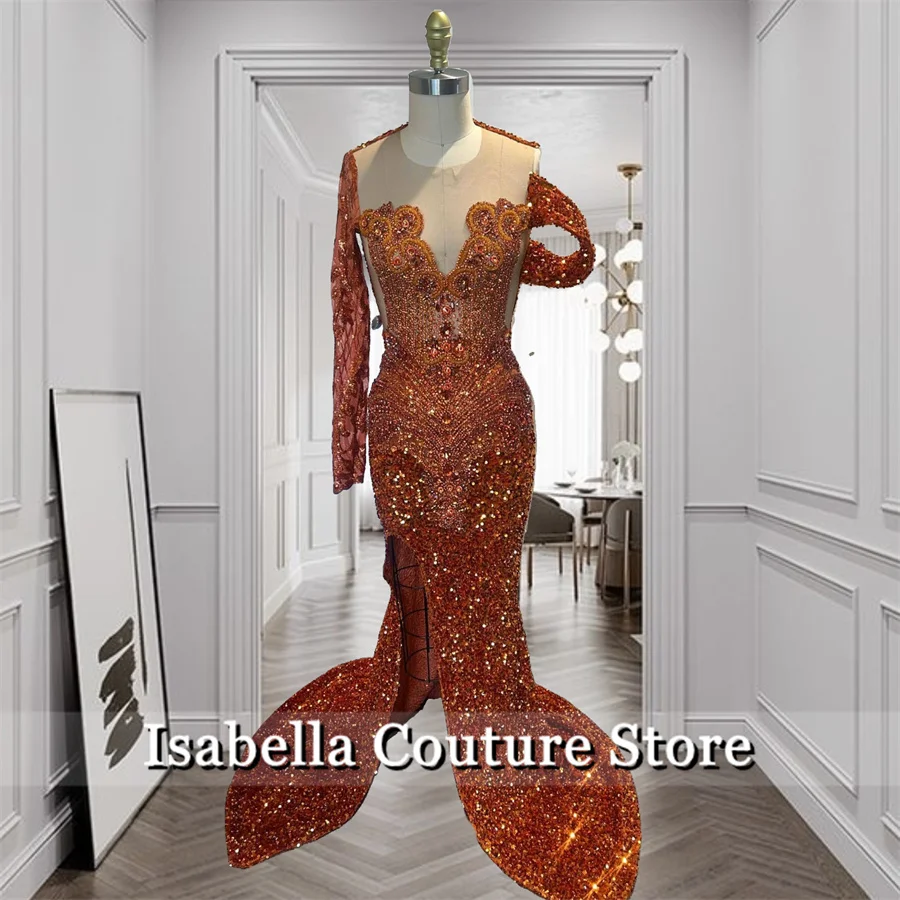 Luxury Orange Mermaid Long Prom Dresses For Black Girls O-Neck Bead Crystals Sequins Gown Birthday Dress Senior Evening Vestidos