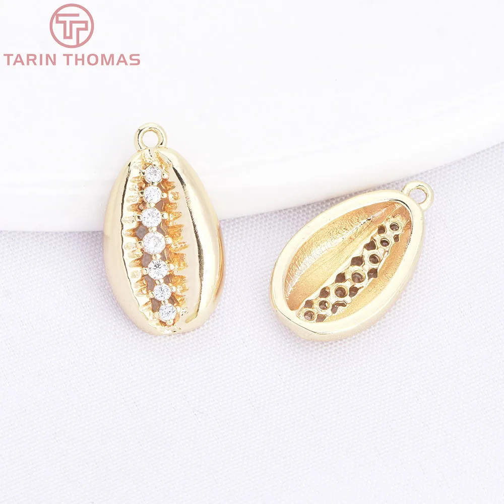 (10716) 4PCS 8x14MM 18K Gold Color Brass with Zircon Shell Shaped Pendants High Quality DIY Jewelry Making Findings Accessories