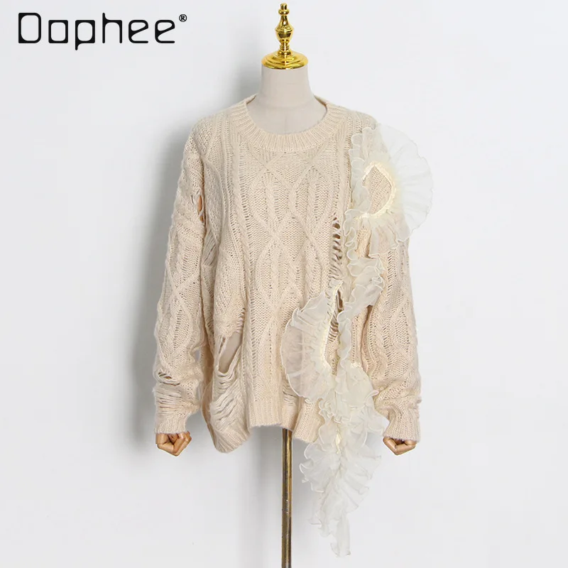 Women's Hollow Out Pullovers 3d Mesh Flower Round Collar Long Sleeve Loose Knitted Sweater Solid Color Spring Autumn Clothing