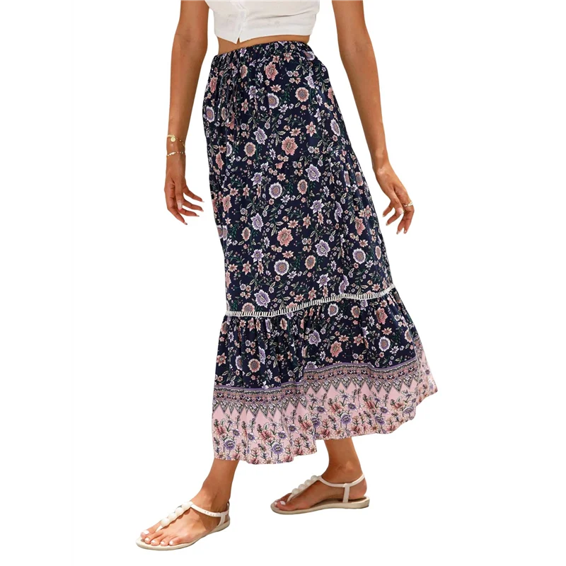 Hot Kf-Maxi Skirts For Women 2025 Summer Boho Long Flowy Floral Elastic High Waist Skirt Casual Travel Skirt