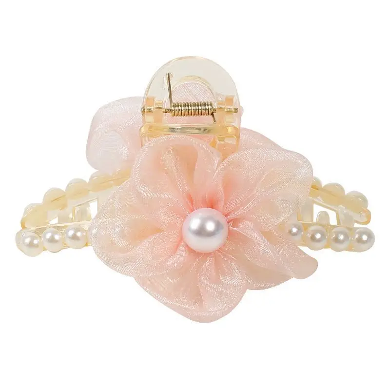 

Pearl flower women's summer new shark clip Korean style beautiful high-end and versatile silk flower hair accessory
