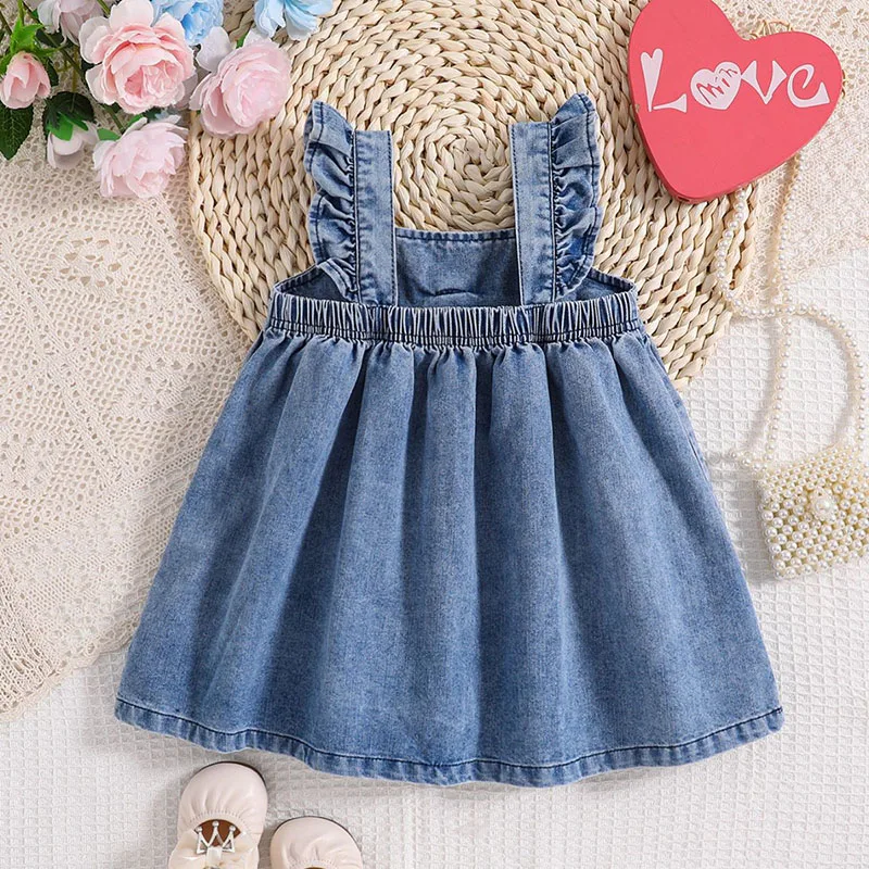 2024 New Summer Girl\'s Denim Suspenders Dress Kid\'s Sweet Bow Flying Sleeve Princess Dresses Children Outwear Clothes