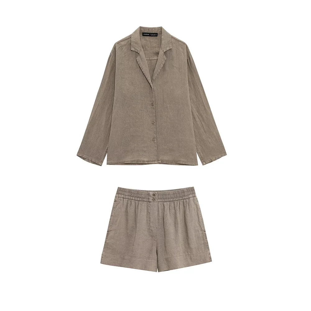 

Easy Wearing Turn Down Collar Single Breasted Long Sleeves Loose Shirt Elastic Waist Short Pants Women Suit Set New