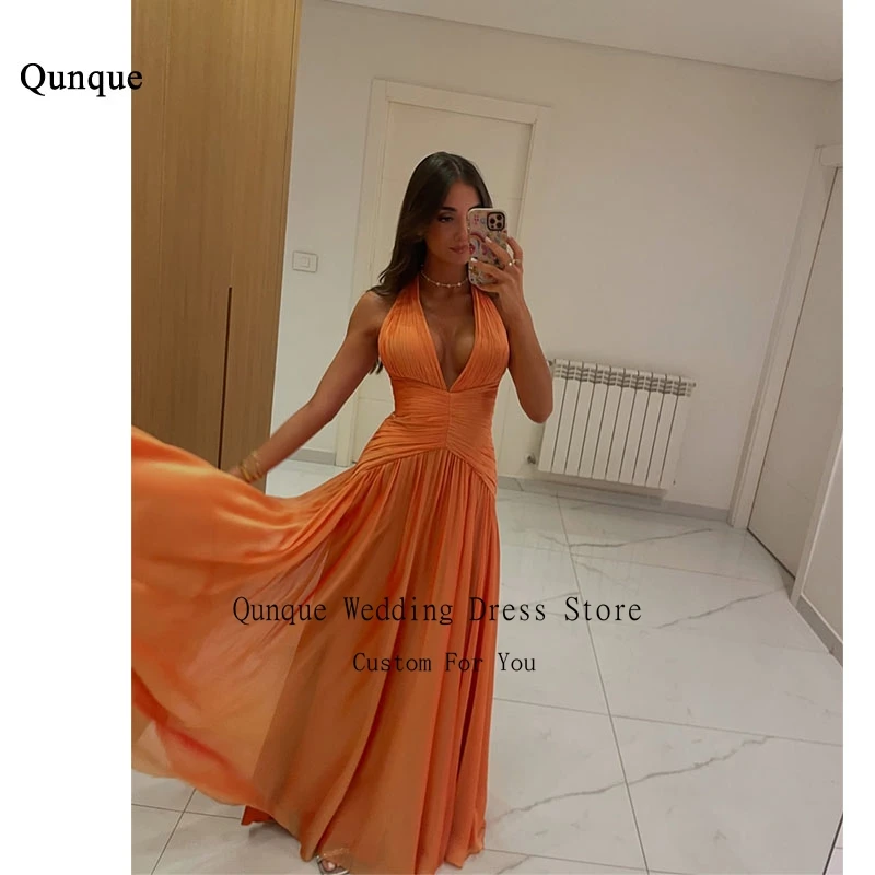 

Qunque A-line Women's Chiffon Evening Dresses Sleeveless Pleated A-Line Wedding Guest Dress Sexy Halter Club Gowns Customized