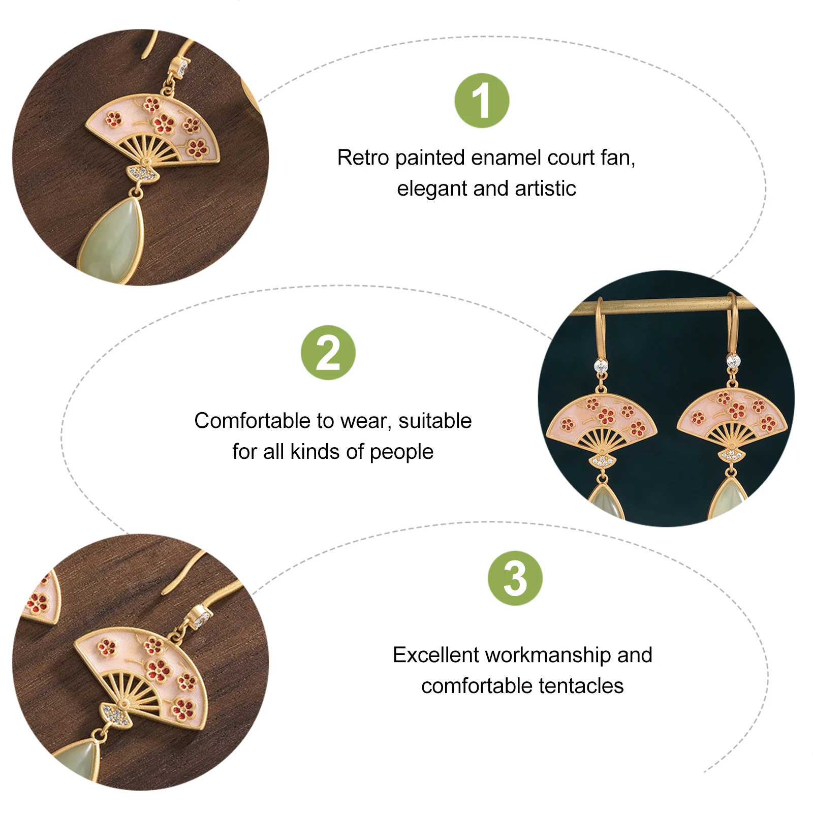

Court Round Fan Earrings Jade Drop Hetian Classical Gold-plated Inlaid Artificial Gemstones Chinese Style Miss