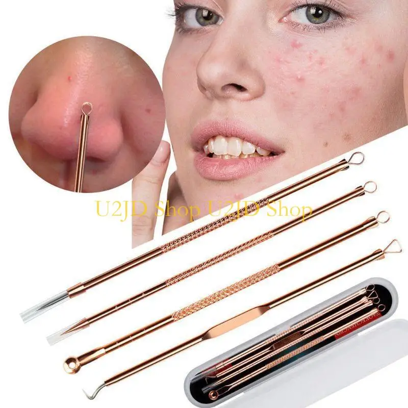 U2JD 4pcs/conjunto ouro aço inoxidável ACNE REMOVER ACULADOR ACNETENS ACULHAS PIMPLE COMEDONE DUBL