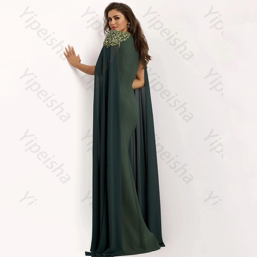 Vestidos de Noche verdes de alta calidad Jersey para hasta el suelo cuello redondo Watteau tren listones vestido de graduación sirena cristal personalizado