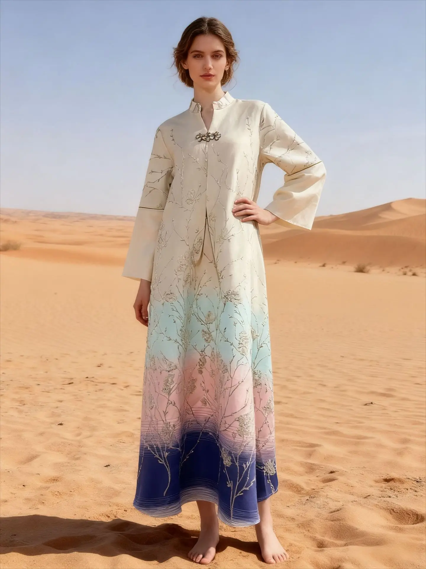 우아한 아바야 럭셔리 자수 프리미엄 두바이 아바야 자카드 그라데이션 자수 카프탄 여성용 단정한 갈라비아