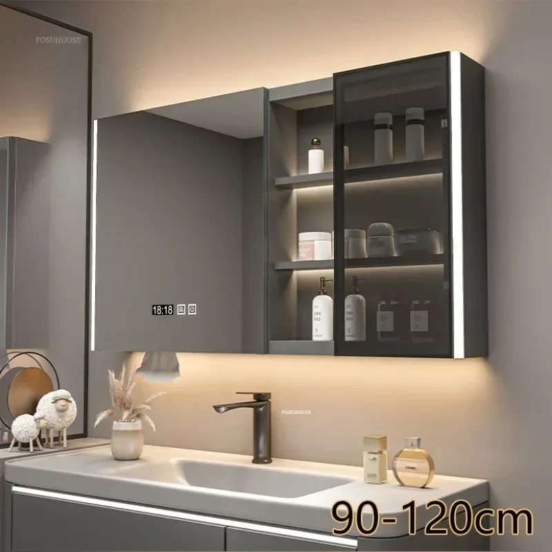 Nordic Solid Wood Bathroom Smart Mirror Cabinet with Light Defogging Bathroom Furniture Beauty Mirror with Storage Locker m