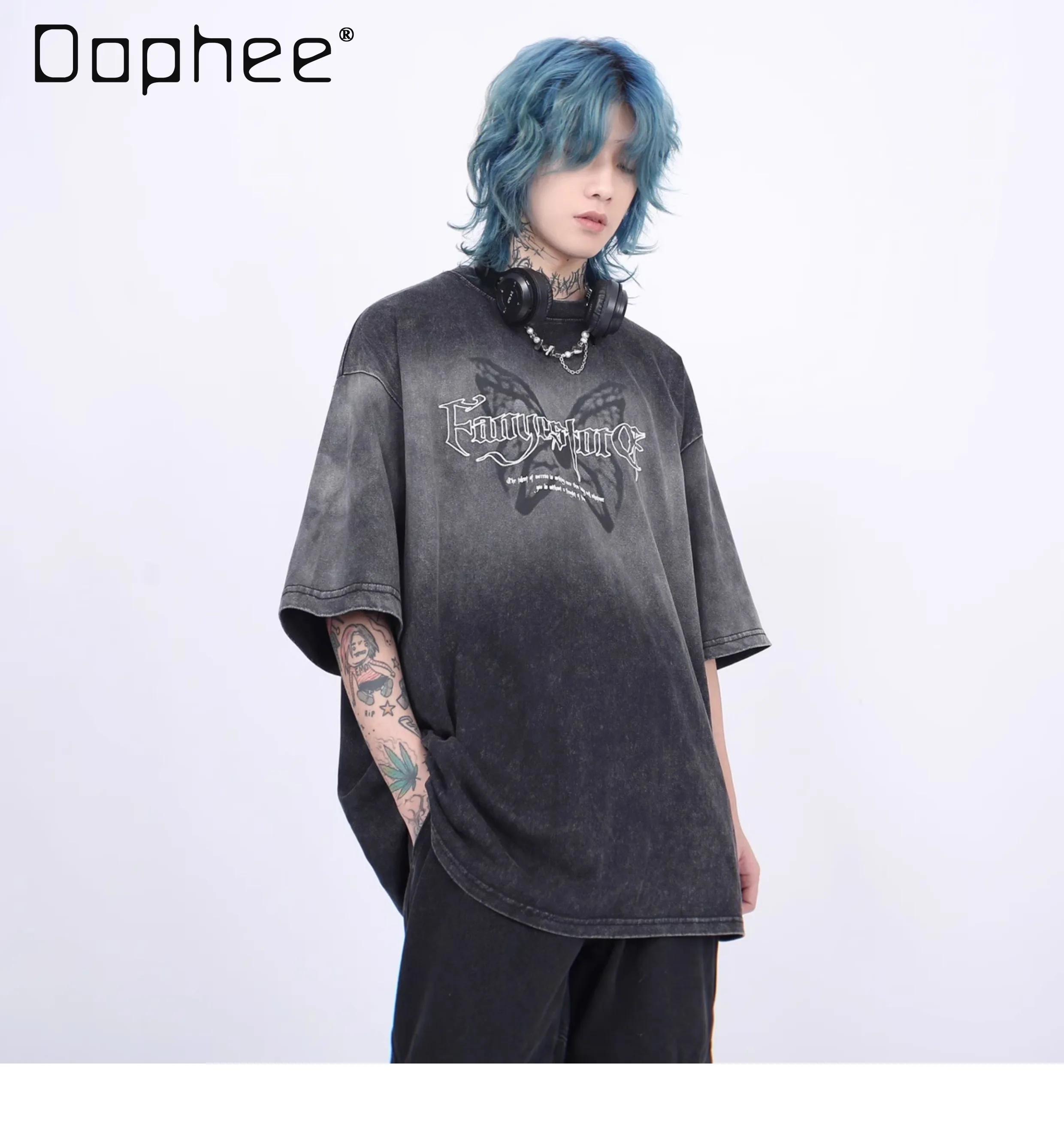 

2025 Summer New American Street Style Vintage Washed High Street Short Sleeve T-Shirt Men's Loose Casual Black Top