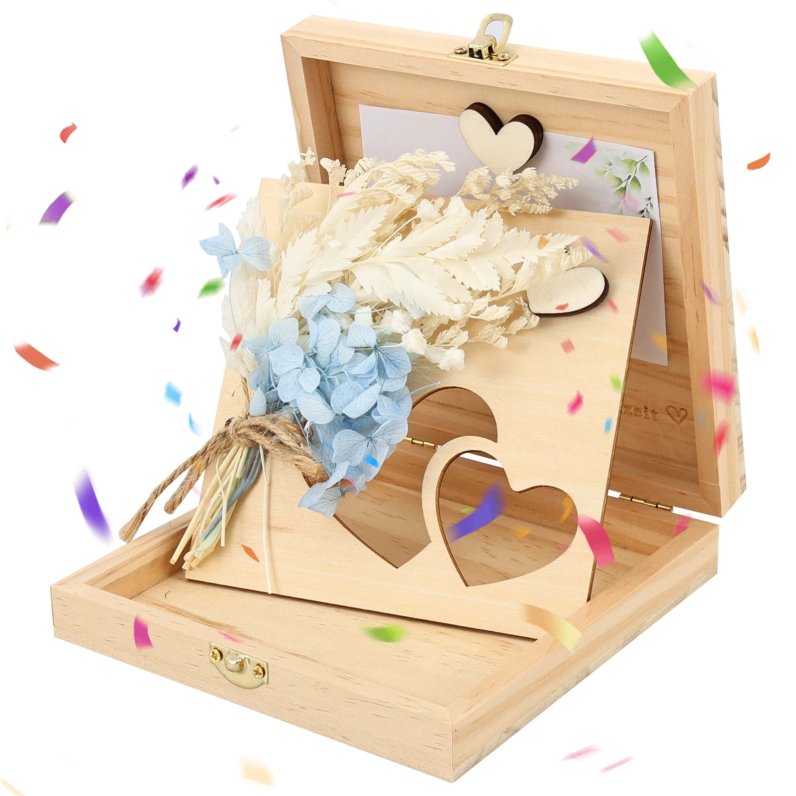 Hochzeits-Geldbox mit Hochzeitskarte, Trockenblumen, Holzgeschenk für Braut und Bräutigam, Geldverpackungsbehälter