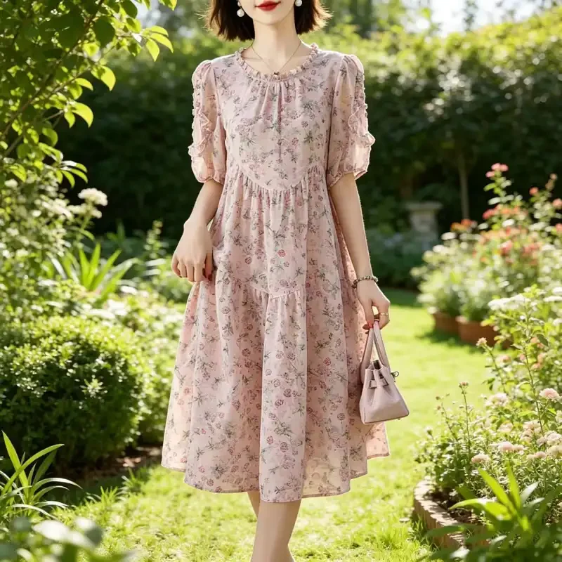 

Floral Print Women's Dress With Puff Sleeves And Ruffled Hem In A Line Silhouette For Summer Garden Outfits