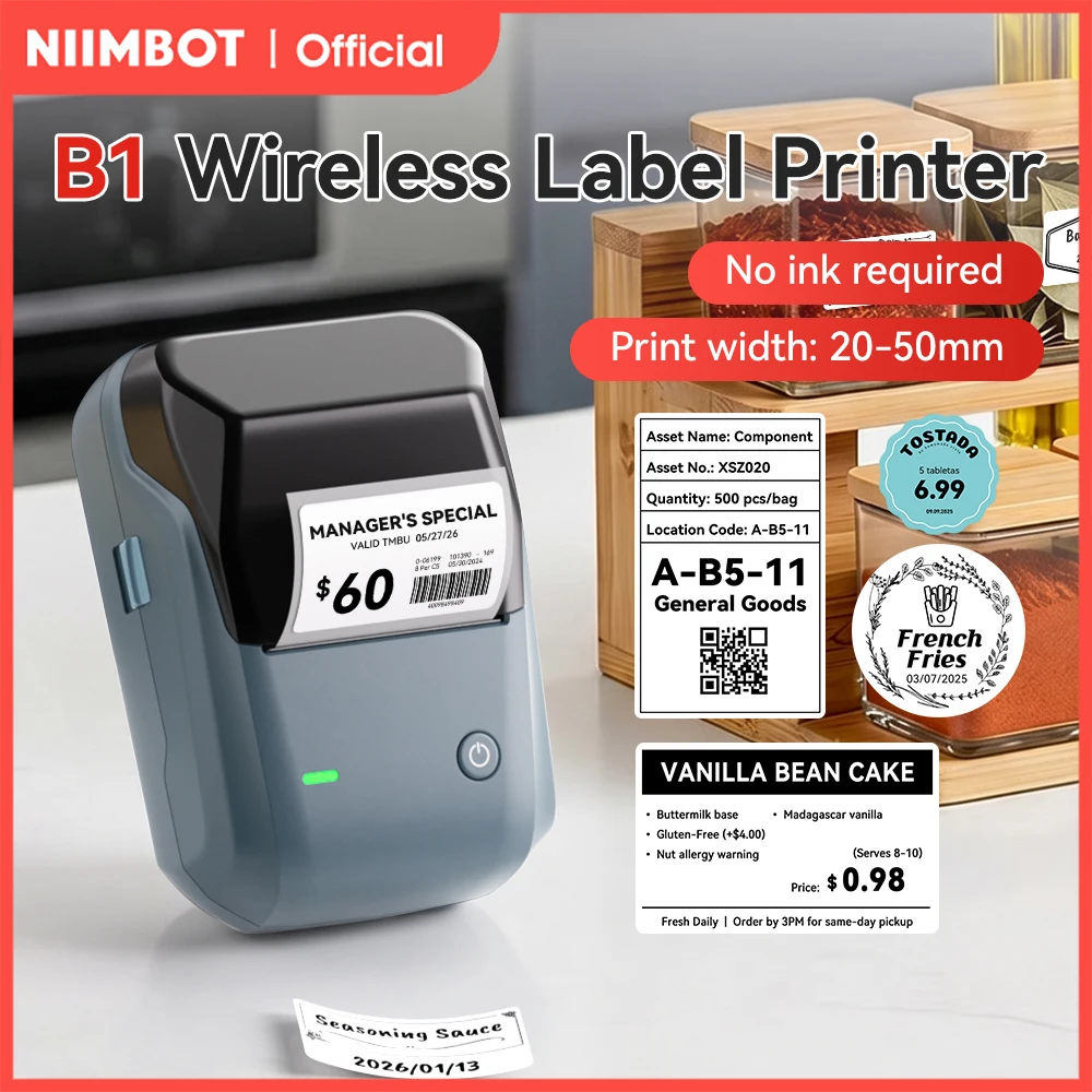 NIIMBOT B1 Portable Thermal Printer With Tapes 2 Inch Adhesive Label Printer Mini Bluetooth Sticker Maker S...