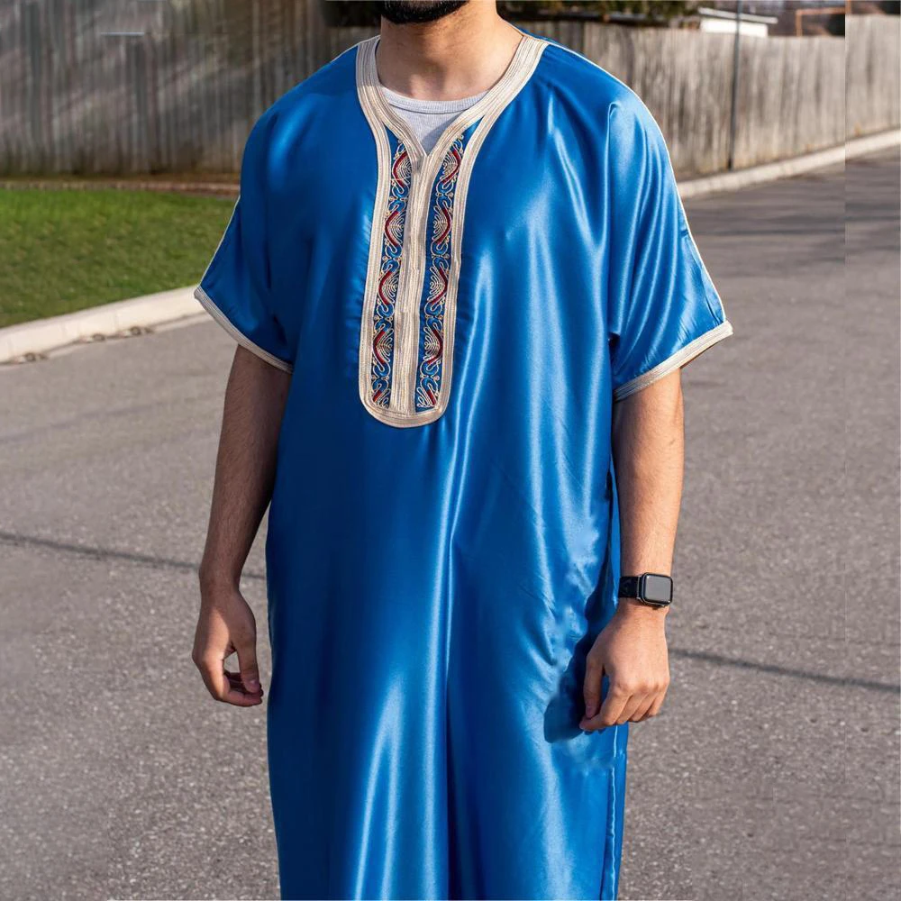 Muslim Middle East Arab Arab Islamic Juba Ethnic Style Vintage Traditional Loose Casual Embroidered Satin Short Sleeve Robe Man