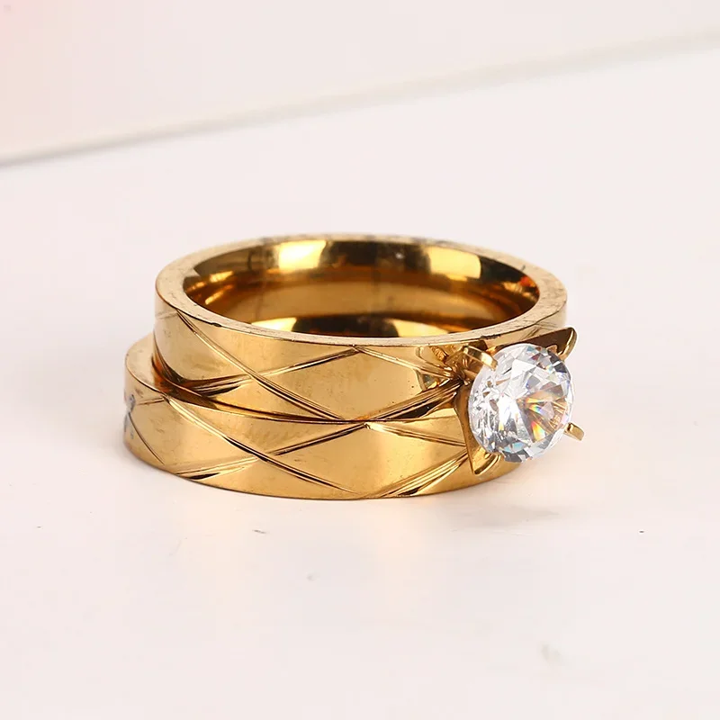 Stainless Steel Gold Color Luxury Female Bridal Wedding Ring Set Fashion Jewelry Promise Stone Engagement Rings For Women