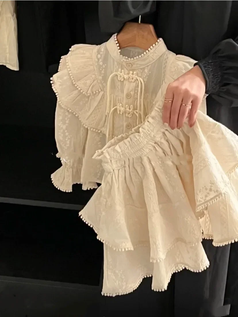 Robe à manches longues et jupe courte pour petite fille, ensemble deux pièces, chemisier, couleur unie, style coréen, nouvelle collection printemps