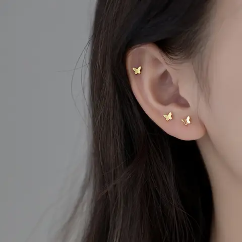 MloveAcc 100% 925 스털링 실버 귀여운 작은 골드 컬러 나비 스터드 귀걸이 여성을위한 선물 여자 패션 실버 주얼리