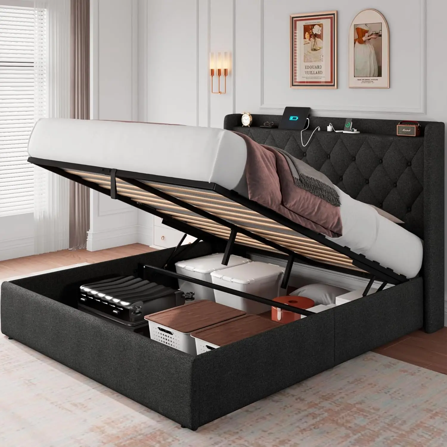 Full Size Lift Up Storage Bed Frame with Charging Station, Upholstered Platform Bed Frame with Tufted Headboard