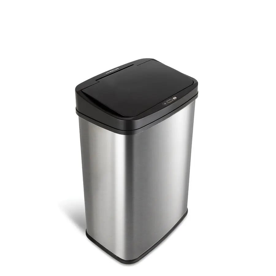 

Automatic Touchless Infrared Motion Sensor Trash Can, 13 Gal 50L, Stainless Steel Base Rectangular, Black Lid, Black Trim