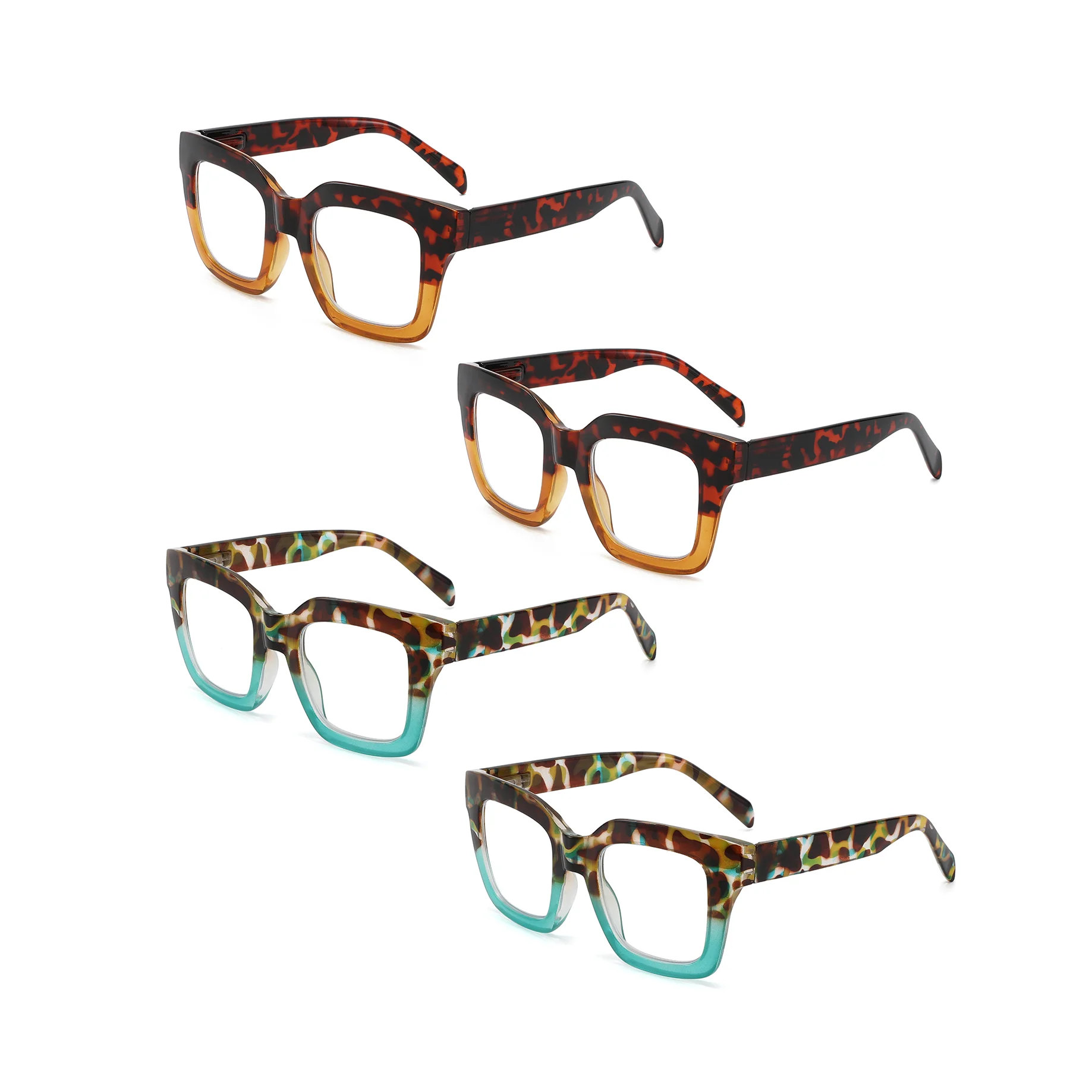 4 SZTUKI Duże Okulary do Czytania z Blokami Kolorów, Soczewki z Ochroną Przed Niebieskim Światłem, Zawiasy Sprężynowe, Antypoślizgowe, Modne i Praktyczne
