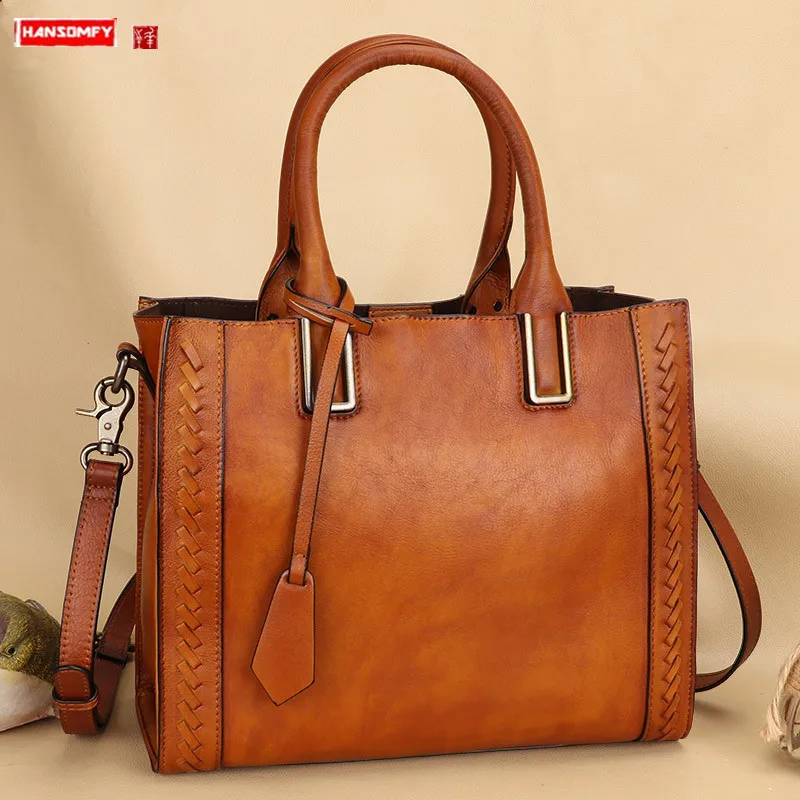 2026 New The first layer of cowhide handmade leather women's handbag large capacity shoulder messenger bags women portable tote