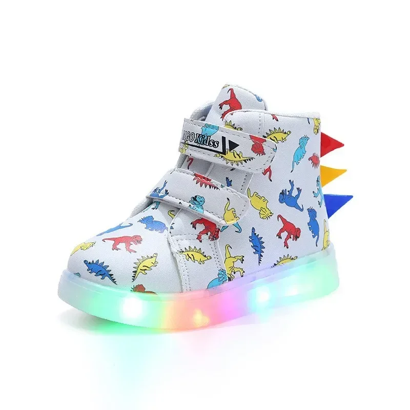 Children\'s High Top Sneakers 2024 New LED Lighted PU Kids Shoes Fashion Dinosaur Print Boys Casual Shoes Luminous Board Shoes