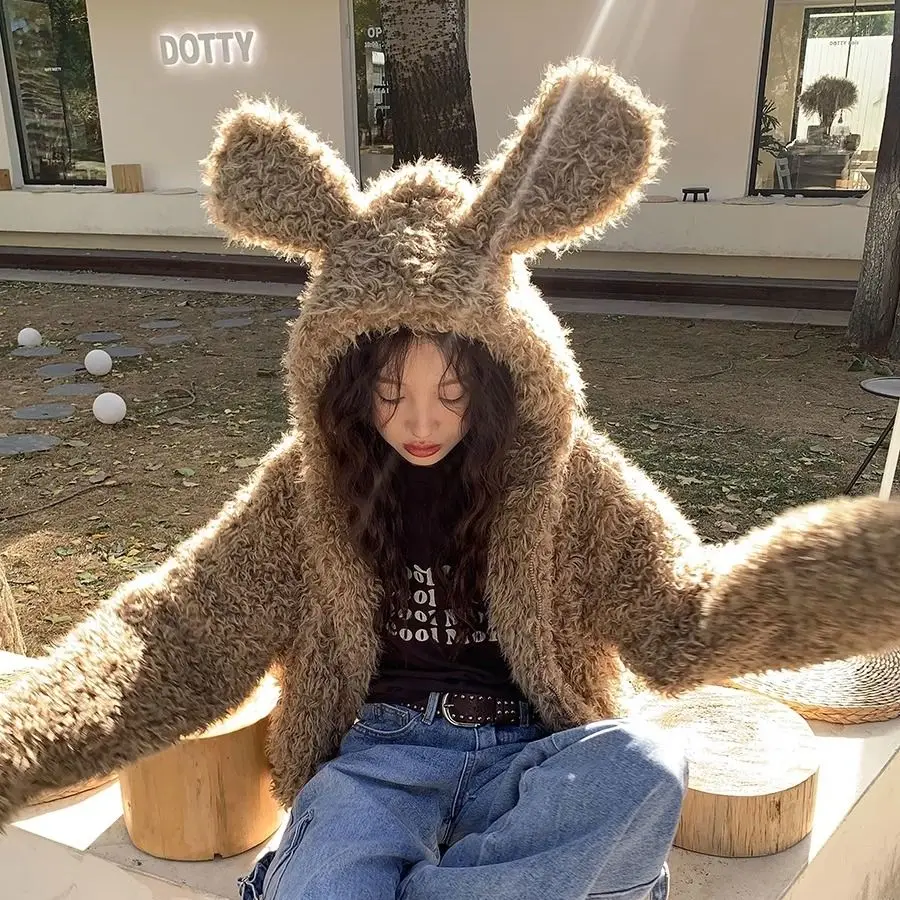 Retro Cute Rabbit Ear Imitation Fur Short Hooded Plush Jacket for Women in Winter Loose Thick Lazy Style