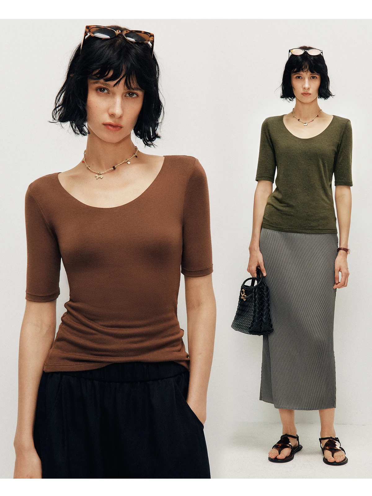 Daily Need Skin Feel Knitted Short Sleeve U Neck Waist Inward Slimming Cool Feeling Mask T Shirt Women Casual Fit Soft