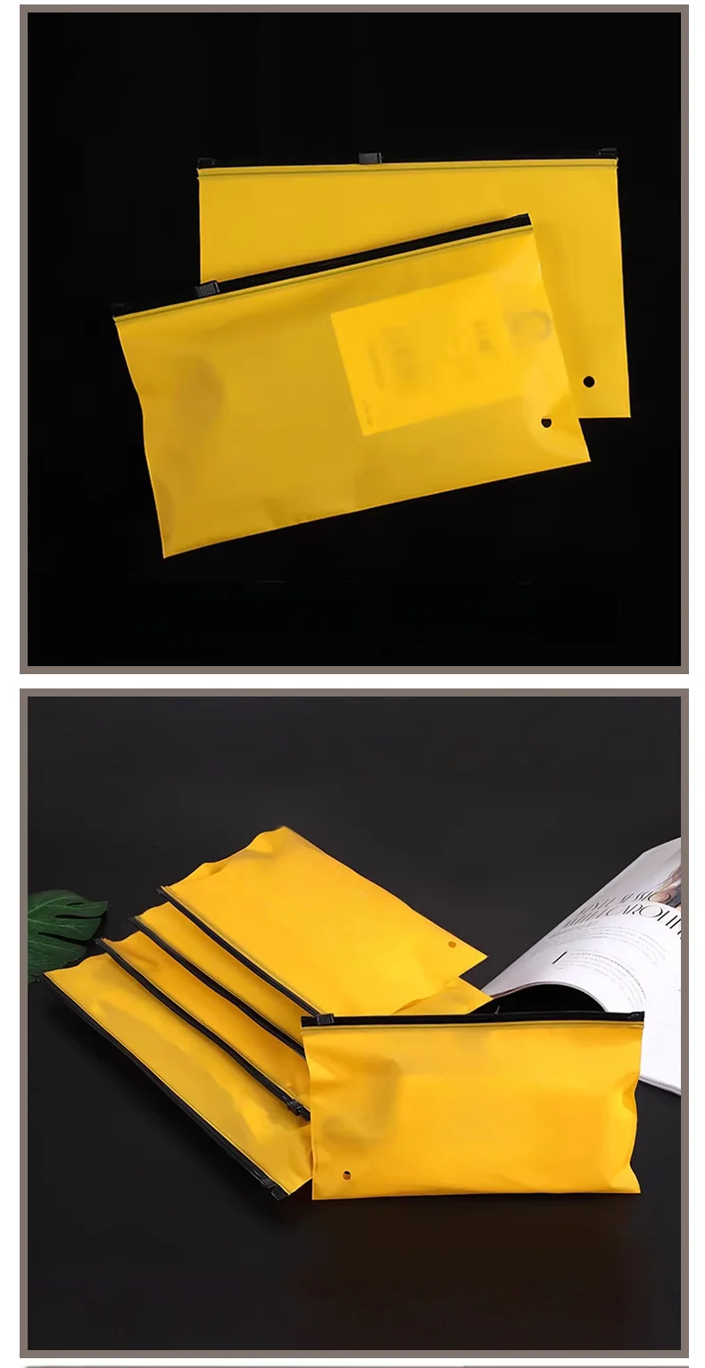 50 Stück gelbe horizontale matte Reißverschlusstaschen für Kleidungsverpackungen, unterstützt individuelles Logo – Detail 5