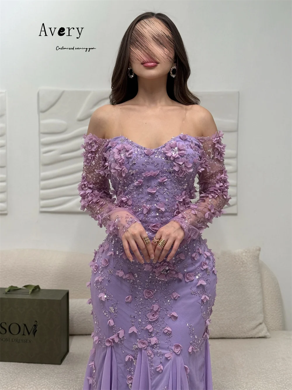 Avery personalizado fishtail 3d flor querida fora do ombro vestidos de noite femininos de luxo vestido de baile vestido de baile 2025