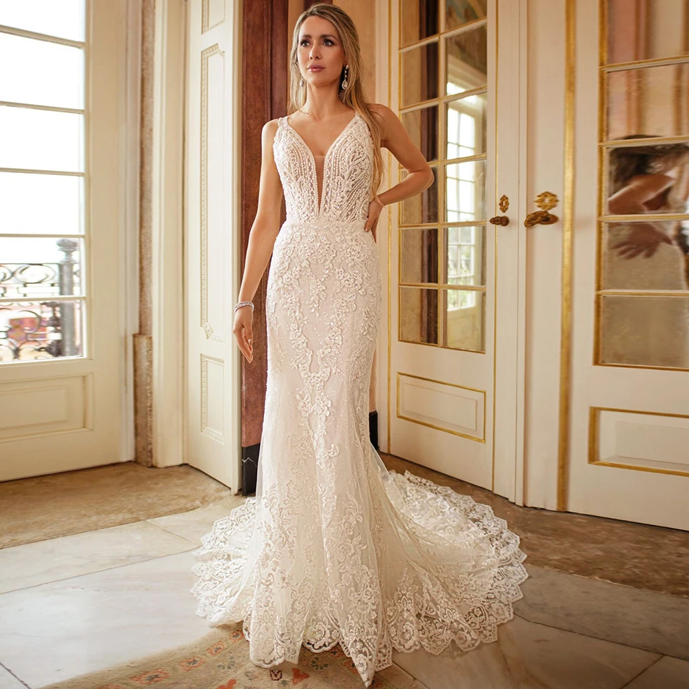 

Weilinsha Exquisite Lace Mermaid Wedding Dress for Women 2023 Bride Elegant V-Neck Appliques Court Train Sleeveless Bridal Gown