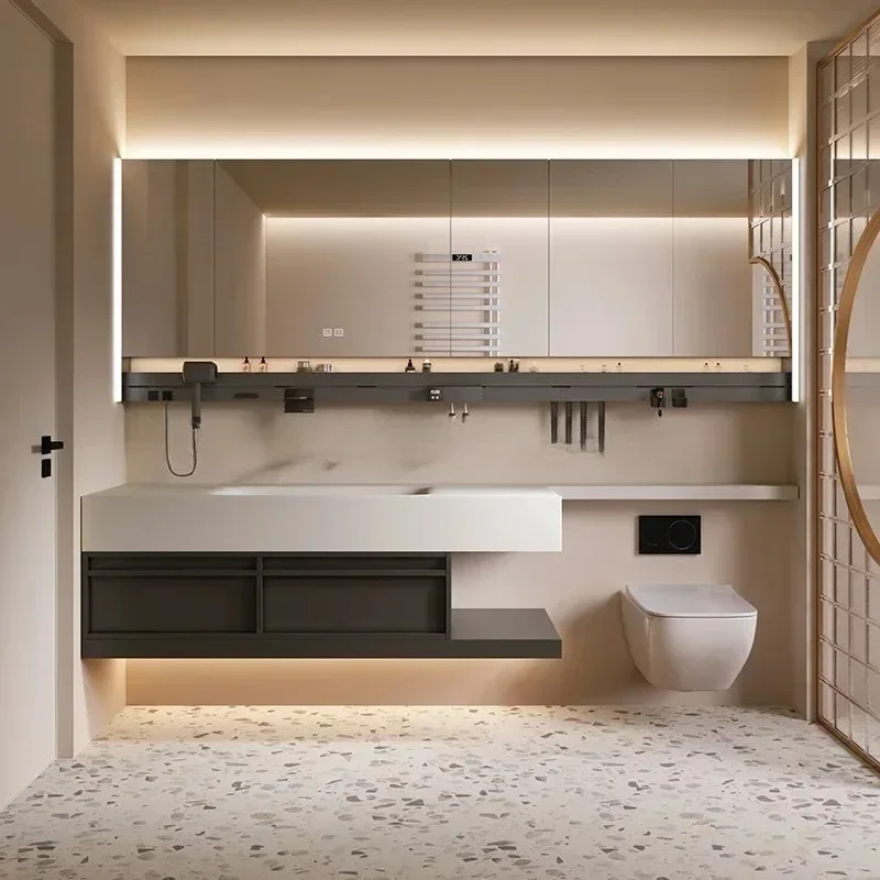 O9.7-- cream-colored sintered stone basin extended bathroom vanity set with washbasin