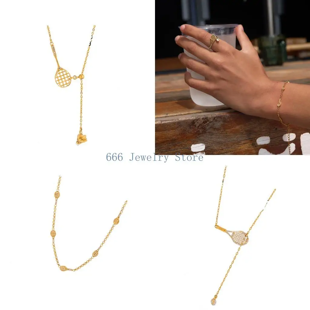 F2TD Tennis Racket Theme Necklace Jewelry for Sports Style Wearers with Gold Tone Finish and Stainless Steel Chain Daily Look