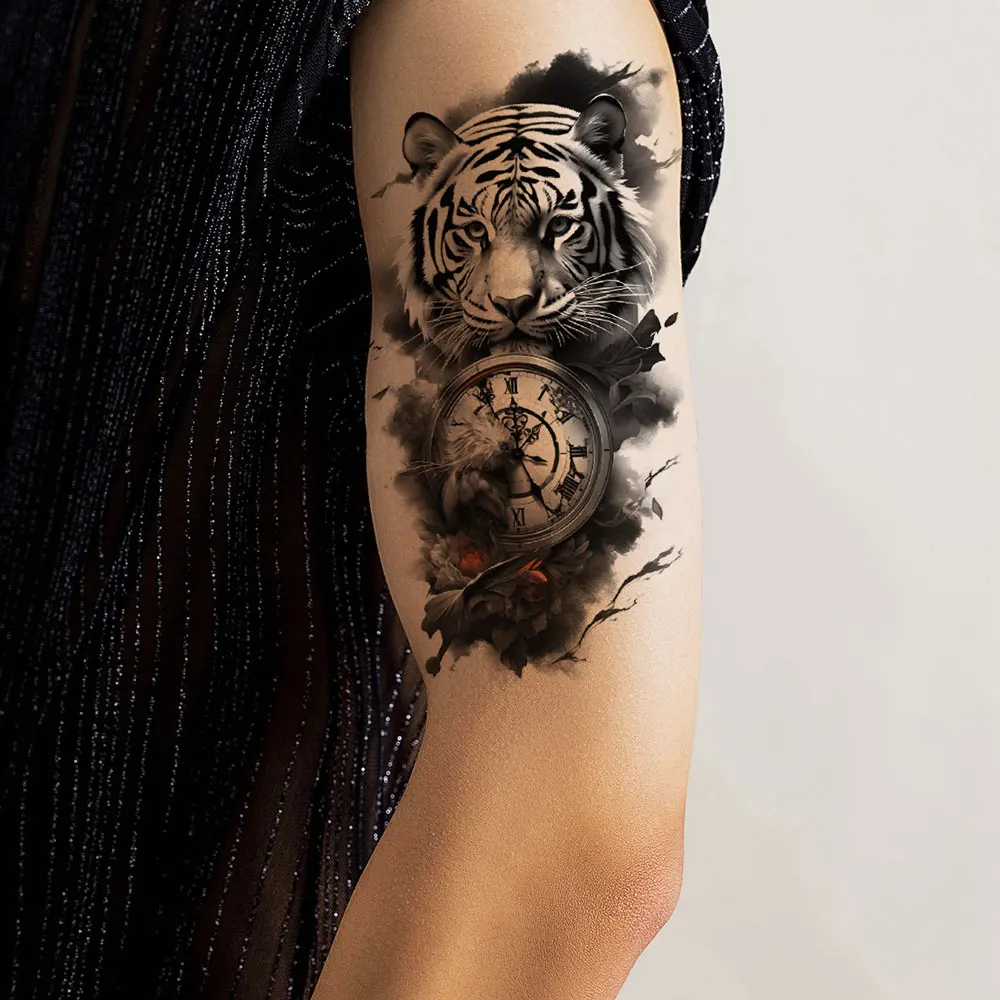 Waterproof Temporary Tattoos for Men Women Animnal Fake Tattoo Decals Tiger Lion Wolf Clock Tattoo Sticker for Hand Arm Body Art