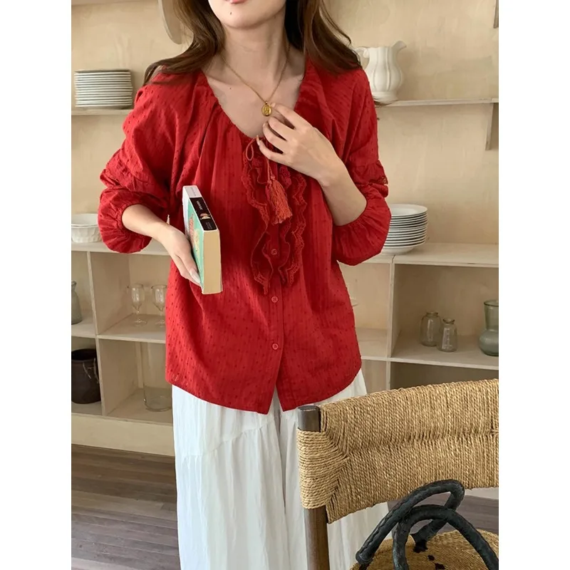 

Vacation Lace Trim Red Shirt For Women Long Sleeve Summer Tops