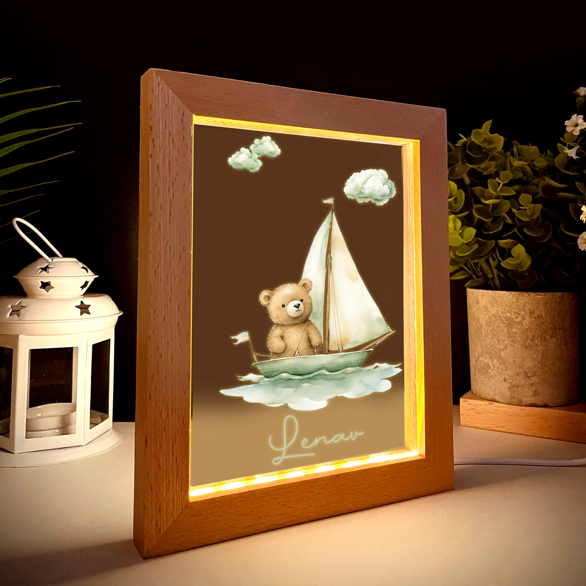 หมีบนเรือใบ LED Night View กรอบรูปของขวัญที่กําหนดเองครอบครัวห้องนั่งเล่นห้องนอนห้องรับประทานอาหารตกแต่งบ้าน