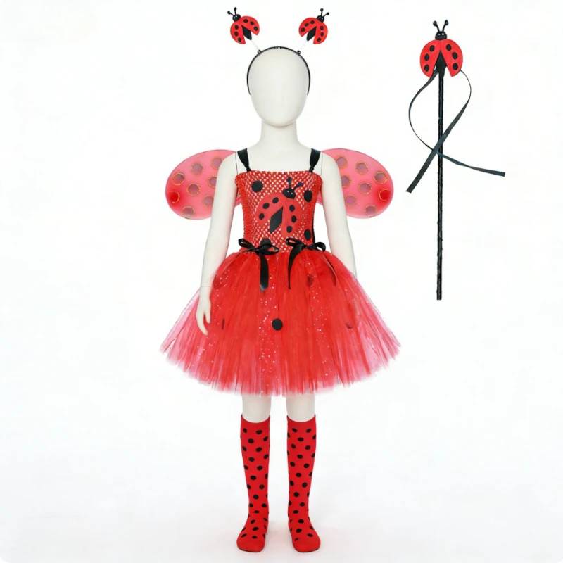 

Fairy Lady Beetle Costumes for Baby Girls Christmas Halloween Disguise with Wings Set for Kids Red Dots Insect Fancy Tutu Dress
